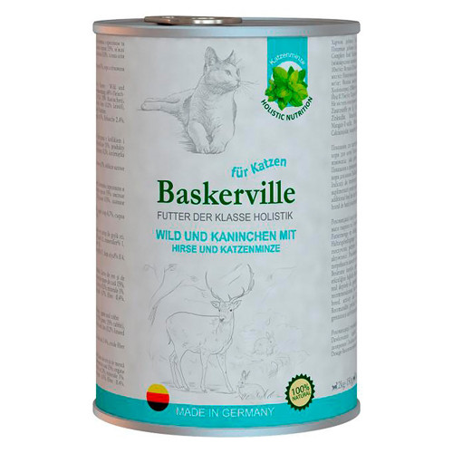Вологий корм Baskerville для котів, оленина з кроликом і котячої м'ятою, 400 г