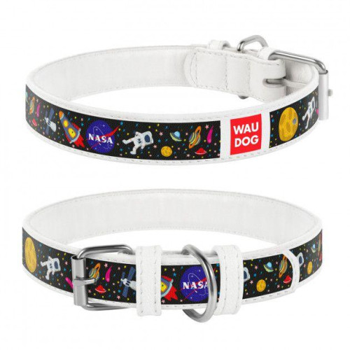 Нашийник Waudog Printed з малюнком "NASA", преміум шкіра, металева пряжка, 15 мм х 26 см, білий
