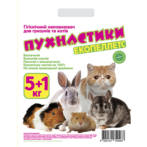 Деревний наповнювач Пухнастики для гризунів, 5+1 кг, 24 л