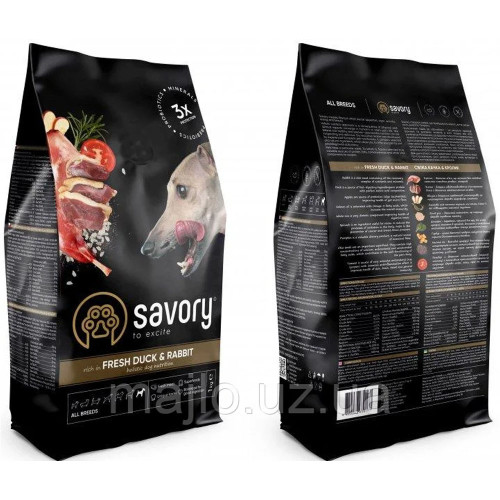 Сухий корм для собак усіх порід Savory, зі свіжим м’ясом качки та кроликом, 1 кг