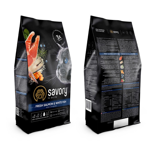 Сухий корм для довгошерстих котів Savory, зі свіжим лососем і білою рибою, 400 г