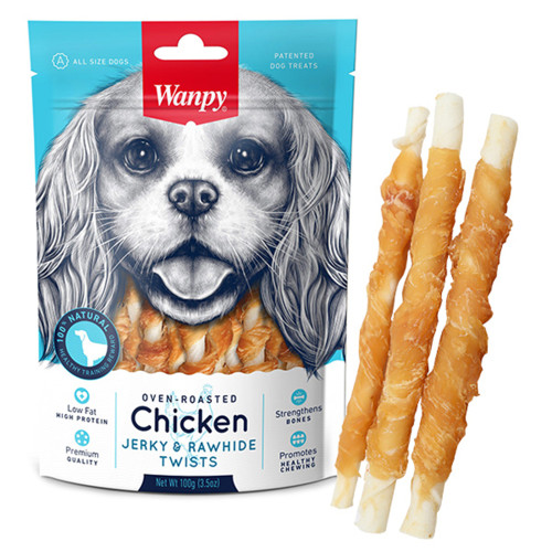 Ласощі Wanpy Chicken Jerky & Rawhide Twists паличка з в'яленої куркою, для собак, 100 г