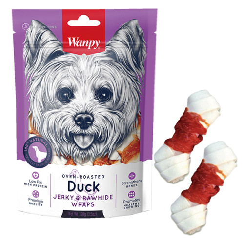 Ласощі Wanpy Duck Jerky & Rawhide Wraps кістка з вузлами і в'яленої качкою, для собак, 100 г