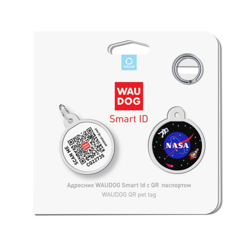 Адресник WAUDOG Smart ID c QR паспортом для собак і котів, металевий, малюнок "NASA", коло, 25 мм