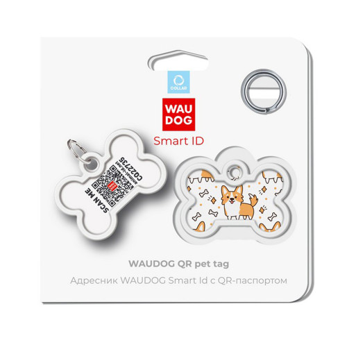 Адресник WAUDOG Smart ID c QR паспортом для собак і котів, металевий, малюнок "Корги", кістка, 40×28 мм