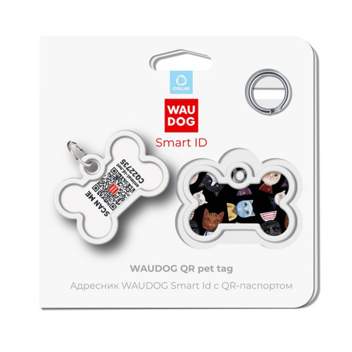 Адресник WAUDOG Smart ID c QR паспортом для собак і котів, металевий, малюнок "Коти", кістка, 40×28 мм