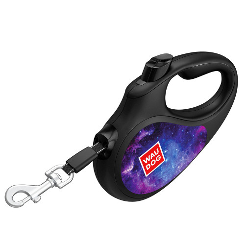 Поводок-рулетка WAUDOG R-LEASH для собак, малюнок "NASA21", S, до 15 кг, 5 м, світловідбиваючі стрічка, чорний