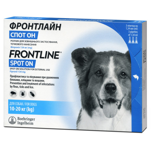 Краплі Boehringer Ingelheim Фронтлайн Спот Он від бліх і кліщів для собак, M, 10-20 кг, ціна за 1 піпетку