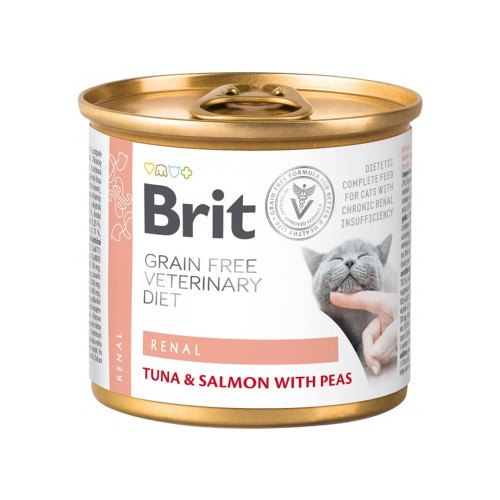 Консерви Brit VetDiets Cat Renal для котів з хронічною нирковою недостатністю, тунець, лосось з горохом, 200 г
