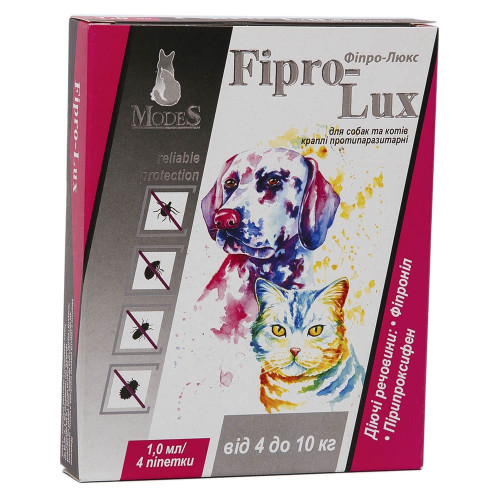 Краплі Modes Fipro-Lux протипаразитарні для собак та котів вагою 4-10 кг, 1 мл, ціна за 1 піпетку