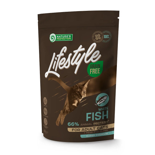 Беззерновий сухий корм Natures Protection Lifestyle Adult Cat White Fish для дорослих котів, з білою рибою, 400 г