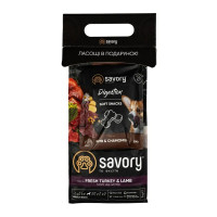 Набір сухий корм та ласощі Savory для собак середніх порід, зі свіжим м’ясом індички та ягнятиною, 1 кг Набір сухий корм та ласощі Savory для собак середніх порід, зі свіжим м’ясом індички та ягнятиною, 1 кг